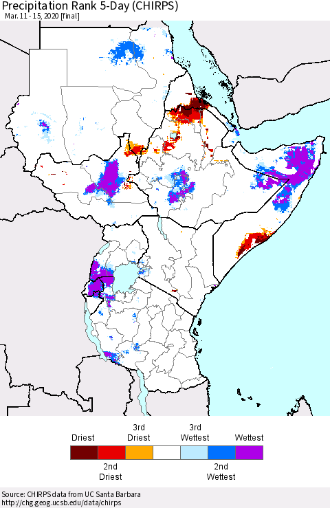 Eastern Africa Precipitation Rank since 1981, 5-Day (CHIRPS) Thematic Map For 3/11/2020 - 3/15/2020