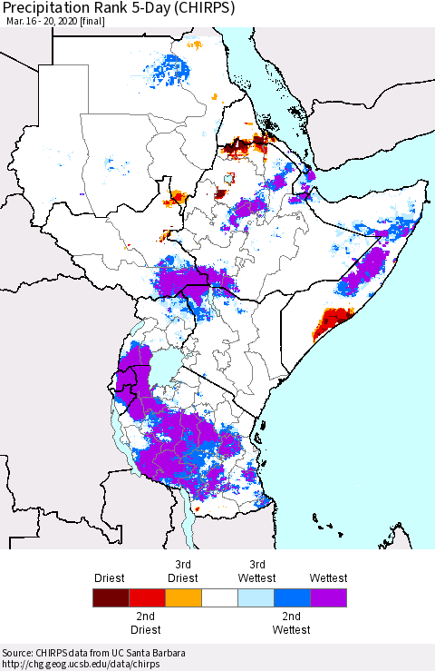 Eastern Africa Precipitation Rank since 1981, 5-Day (CHIRPS) Thematic Map For 3/16/2020 - 3/20/2020