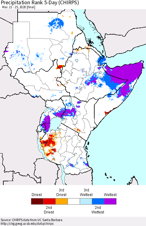 Eastern Africa Precipitation Rank 5-Day (CHIRPS) Thematic Map For 3/21/2020 - 3/25/2020