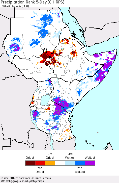 Eastern Africa Precipitation Rank 5-Day (CHIRPS) Thematic Map For 3/26/2020 - 3/31/2020