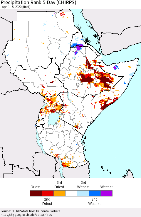 Eastern Africa Precipitation Rank 5-Day (CHIRPS) Thematic Map For 4/1/2020 - 4/5/2020