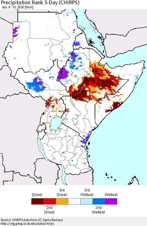 Eastern Africa Precipitation Rank 5-Day (CHIRPS) Thematic Map For 4/6/2020 - 4/10/2020