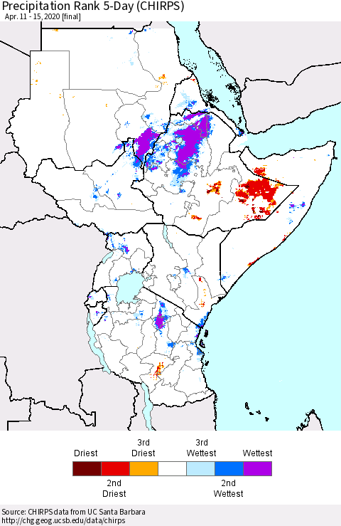 Eastern Africa Precipitation Rank 5-Day (CHIRPS) Thematic Map For 4/11/2020 - 4/15/2020