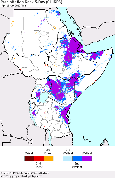 Eastern Africa Precipitation Rank since 1981, 5-Day (CHIRPS) Thematic Map For 4/16/2020 - 4/20/2020