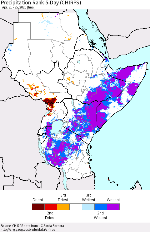 Eastern Africa Precipitation Rank 5-Day (CHIRPS) Thematic Map For 4/21/2020 - 4/25/2020