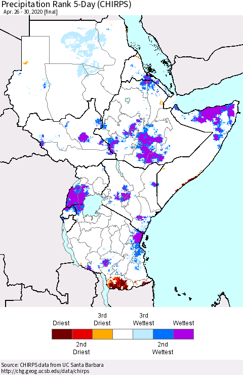 Eastern Africa Precipitation Rank since 1981, 5-Day (CHIRPS) Thematic Map For 4/26/2020 - 4/30/2020