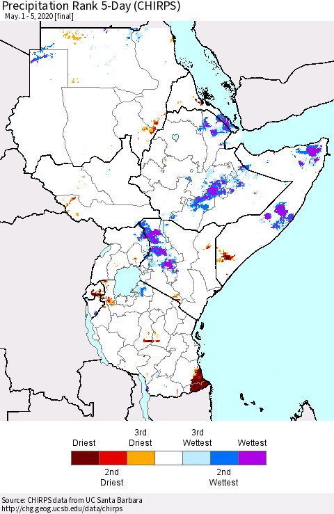 Eastern Africa Precipitation Rank since 1981, 5-Day (CHIRPS) Thematic Map For 5/1/2020 - 5/5/2020