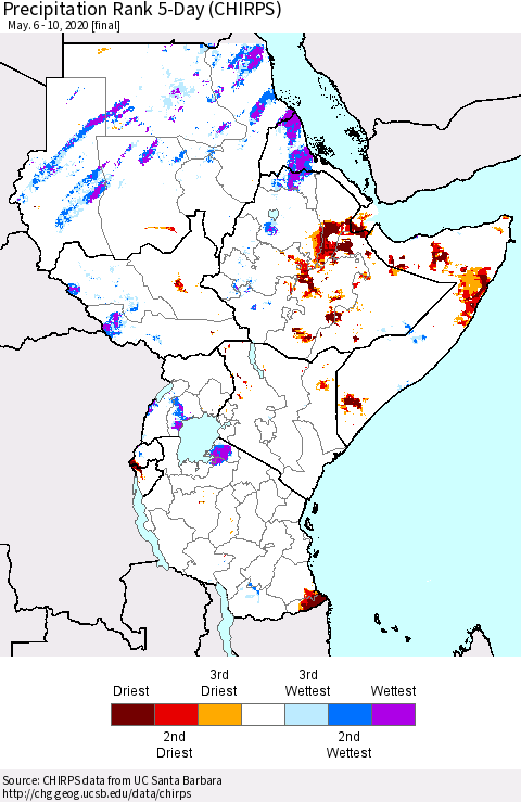 Eastern Africa Precipitation Rank 5-Day (CHIRPS) Thematic Map For 5/6/2020 - 5/10/2020