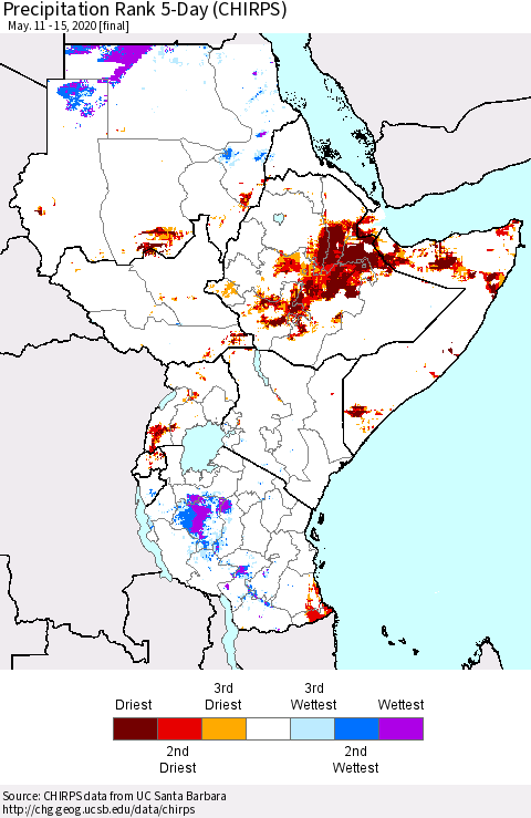 Eastern Africa Precipitation Rank 5-Day (CHIRPS) Thematic Map For 5/11/2020 - 5/15/2020