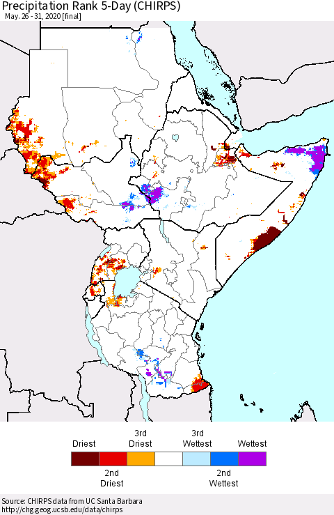 Eastern Africa Precipitation Rank 5-Day (CHIRPS) Thematic Map For 5/26/2020 - 5/31/2020