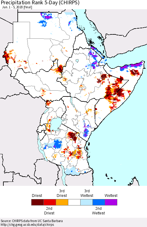 Eastern Africa Precipitation Rank since 1981, 5-Day (CHIRPS) Thematic Map For 6/1/2020 - 6/5/2020