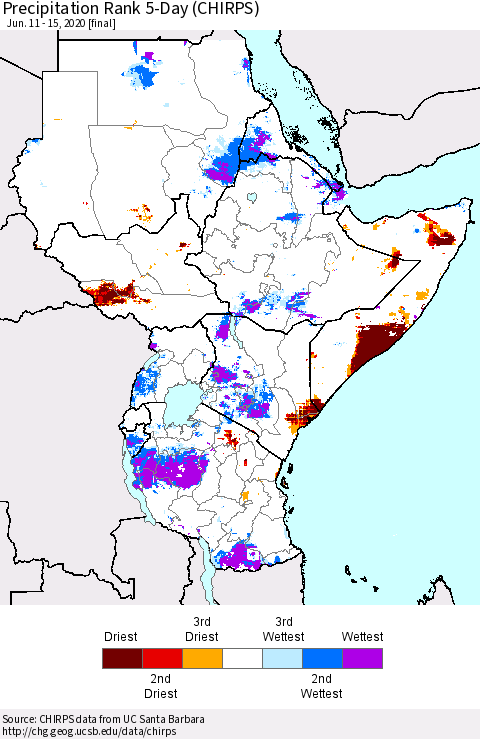 Eastern Africa Precipitation Rank 5-Day (CHIRPS) Thematic Map For 6/11/2020 - 6/15/2020