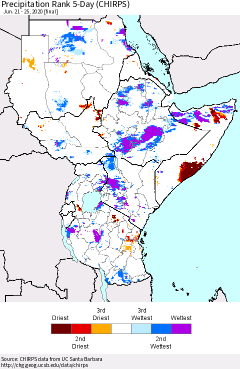 Eastern Africa Precipitation Rank 5-Day (CHIRPS) Thematic Map For 6/21/2020 - 6/25/2020