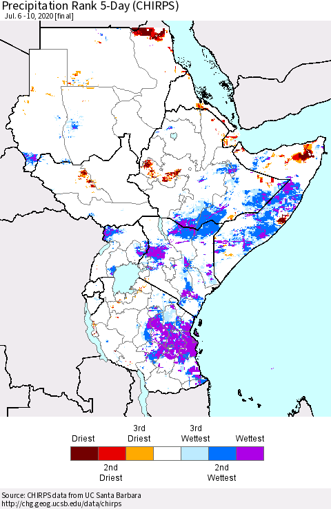 Eastern Africa Precipitation Rank 5-Day (CHIRPS) Thematic Map For 7/6/2020 - 7/10/2020