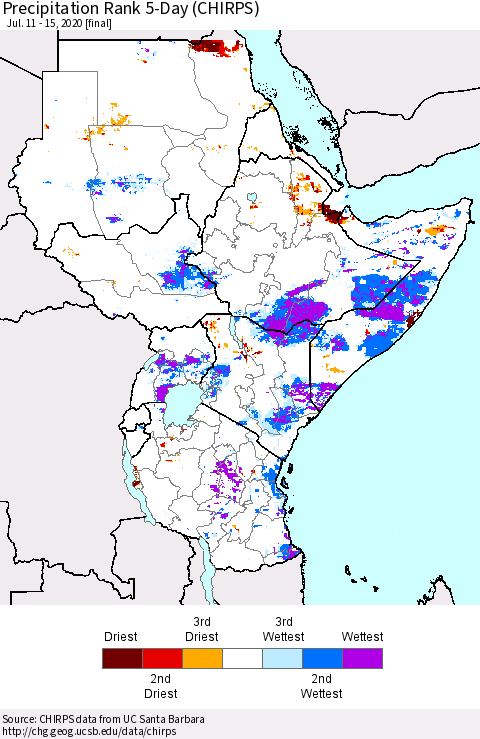 Eastern Africa Precipitation Rank 5-Day (CHIRPS) Thematic Map For 7/11/2020 - 7/15/2020