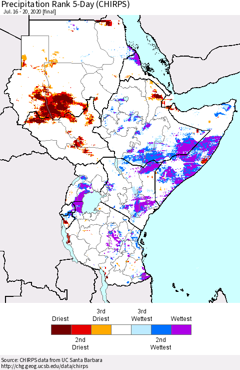 Eastern Africa Precipitation Rank 5-Day (CHIRPS) Thematic Map For 7/16/2020 - 7/20/2020