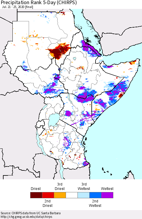 Eastern Africa Precipitation Rank since 1981, 5-Day (CHIRPS) Thematic Map For 7/21/2020 - 7/25/2020