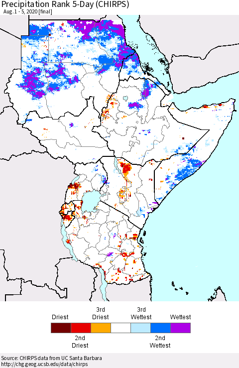 Eastern Africa Precipitation Rank 5-Day (CHIRPS) Thematic Map For 8/1/2020 - 8/5/2020