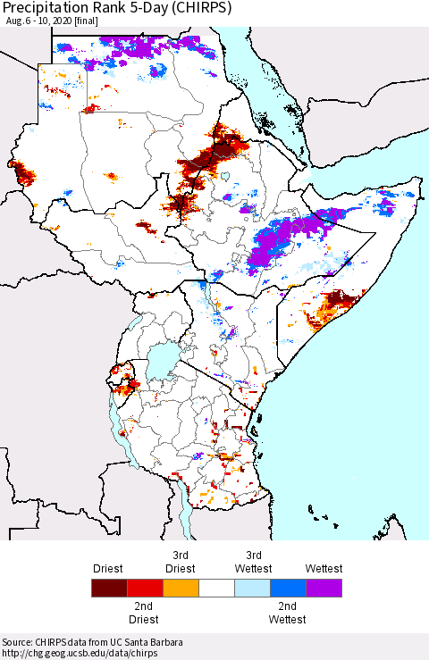 Eastern Africa Precipitation Rank since 1981, 5-Day (CHIRPS) Thematic Map For 8/6/2020 - 8/10/2020