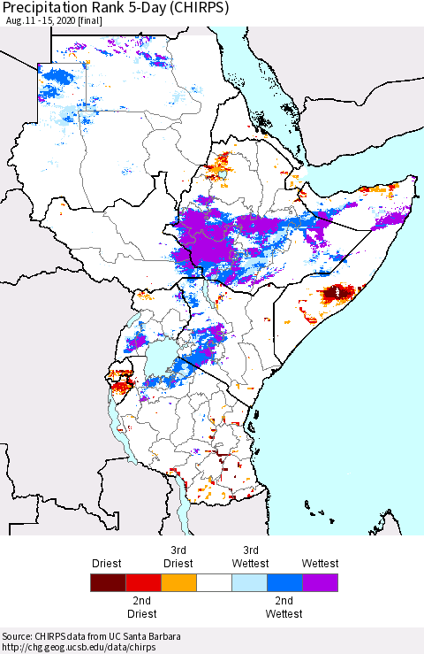 Eastern Africa Precipitation Rank since 1981, 5-Day (CHIRPS) Thematic Map For 8/11/2020 - 8/15/2020