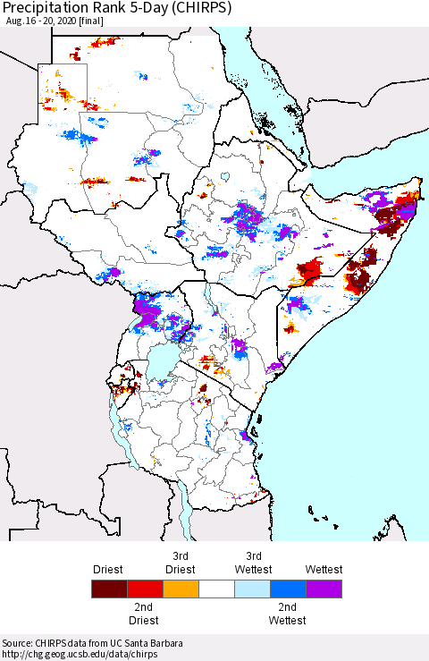 Eastern Africa Precipitation Rank 5-Day (CHIRPS) Thematic Map For 8/16/2020 - 8/20/2020
