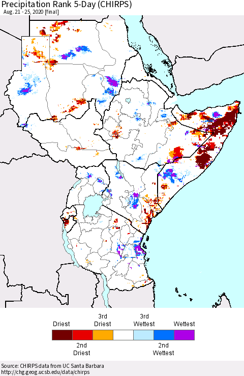 Eastern Africa Precipitation Rank 5-Day (CHIRPS) Thematic Map For 8/21/2020 - 8/25/2020