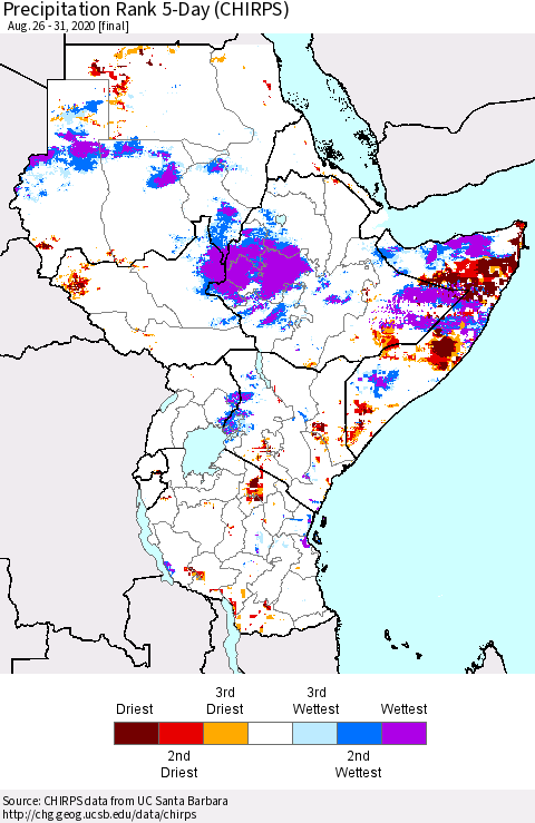Eastern Africa Precipitation Rank 5-Day (CHIRPS) Thematic Map For 8/26/2020 - 8/31/2020