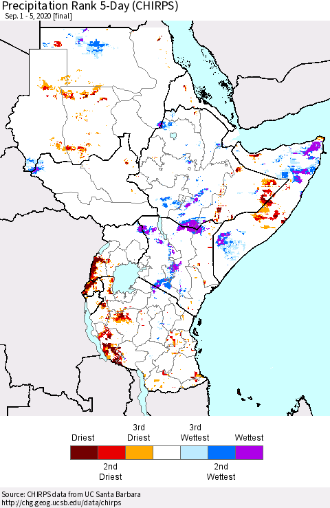 Eastern Africa Precipitation Rank 5-Day (CHIRPS) Thematic Map For 9/1/2020 - 9/5/2020