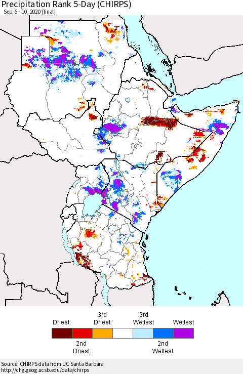 Eastern Africa Precipitation Rank 5-Day (CHIRPS) Thematic Map For 9/6/2020 - 9/10/2020
