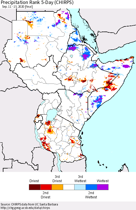 Eastern Africa Precipitation Rank 5-Day (CHIRPS) Thematic Map For 9/11/2020 - 9/15/2020