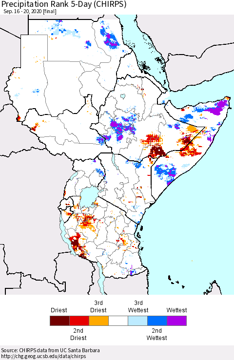 Eastern Africa Precipitation Rank 5-Day (CHIRPS) Thematic Map For 9/16/2020 - 9/20/2020