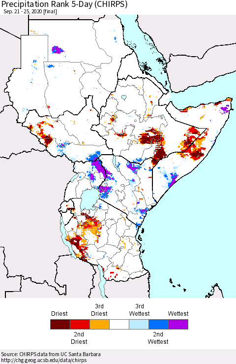 Eastern Africa Precipitation Rank 5-Day (CHIRPS) Thematic Map For 9/21/2020 - 9/25/2020
