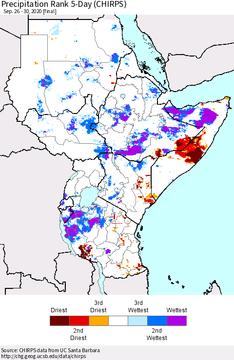 Eastern Africa Precipitation Rank 5-Day (CHIRPS) Thematic Map For 9/26/2020 - 9/30/2020