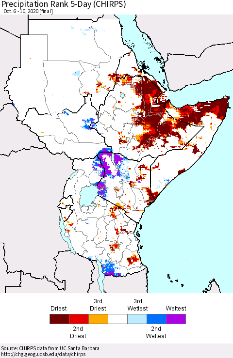 Eastern Africa Precipitation Rank 5-Day (CHIRPS) Thematic Map For 10/6/2020 - 10/10/2020