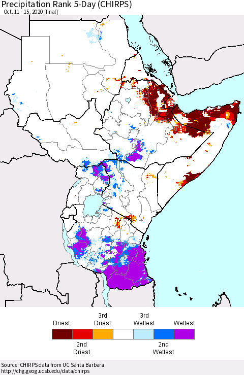 Eastern Africa Precipitation Rank since 1981, 5-Day (CHIRPS) Thematic Map For 10/11/2020 - 10/15/2020