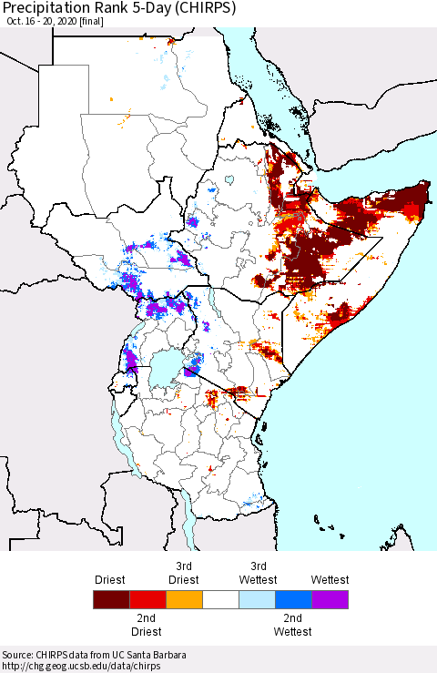 Eastern Africa Precipitation Rank 5-Day (CHIRPS) Thematic Map For 10/16/2020 - 10/20/2020