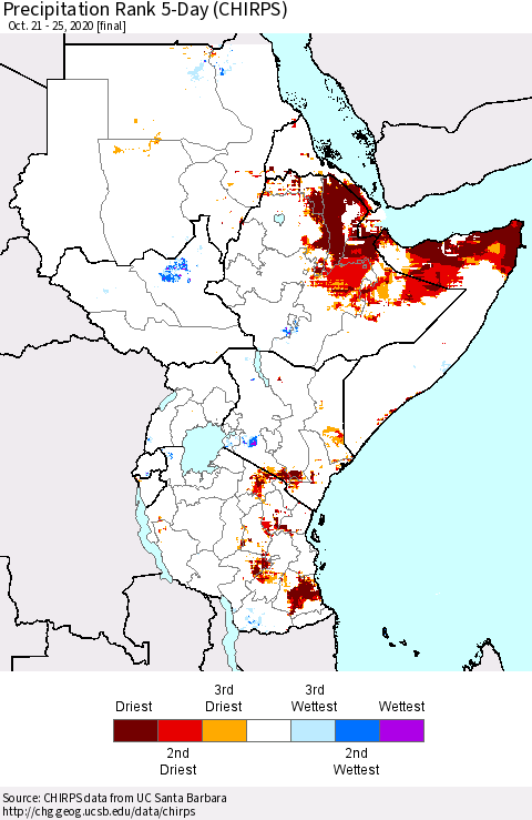 Eastern Africa Precipitation Rank since 1981, 5-Day (CHIRPS) Thematic Map For 10/21/2020 - 10/25/2020