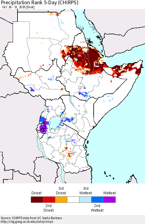 Eastern Africa Precipitation Rank 5-Day (CHIRPS) Thematic Map For 10/26/2020 - 10/31/2020