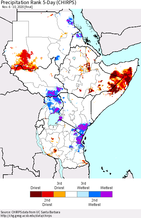 Eastern Africa Precipitation Rank 5-Day (CHIRPS) Thematic Map For 11/6/2020 - 11/10/2020