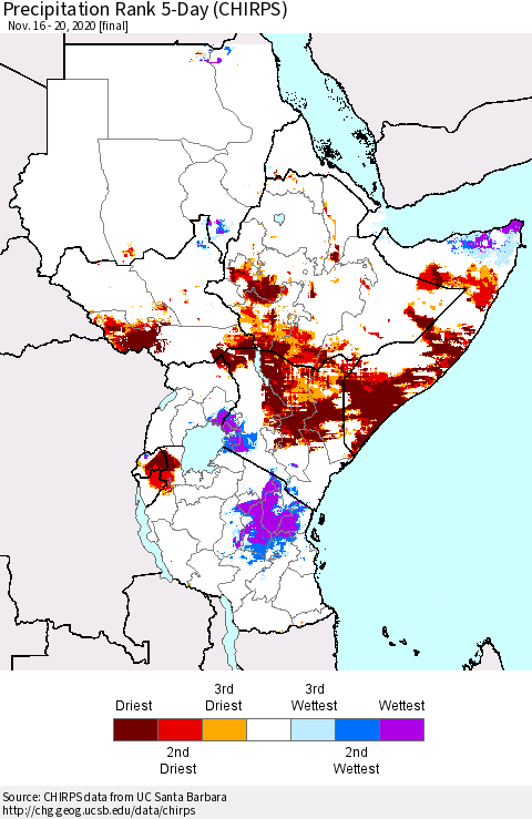 Eastern Africa Precipitation Rank 5-Day (CHIRPS) Thematic Map For 11/16/2020 - 11/20/2020