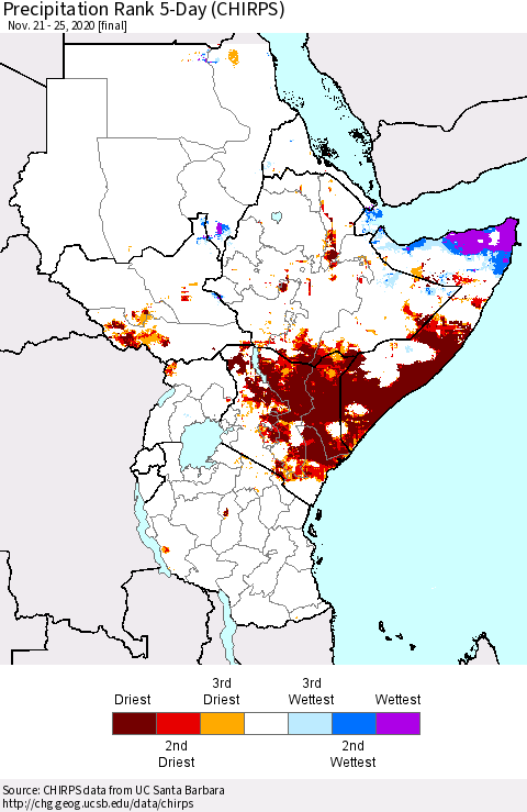 Eastern Africa Precipitation Rank since 1981, 5-Day (CHIRPS) Thematic Map For 11/21/2020 - 11/25/2020