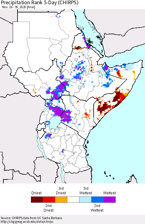 Eastern Africa Precipitation Rank since 1981, 5-Day (CHIRPS) Thematic Map For 11/26/2020 - 11/30/2020