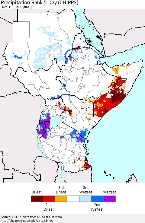 Eastern Africa Precipitation Rank 5-Day (CHIRPS) Thematic Map For 12/1/2020 - 12/5/2020