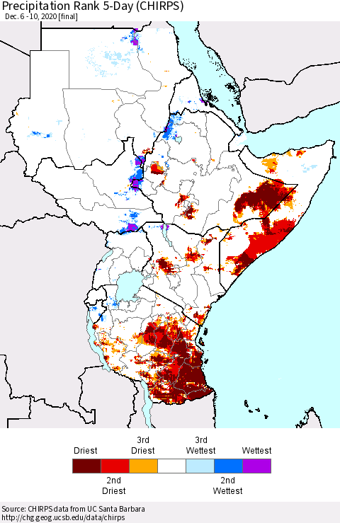 Eastern Africa Precipitation Rank 5-Day (CHIRPS) Thematic Map For 12/6/2020 - 12/10/2020
