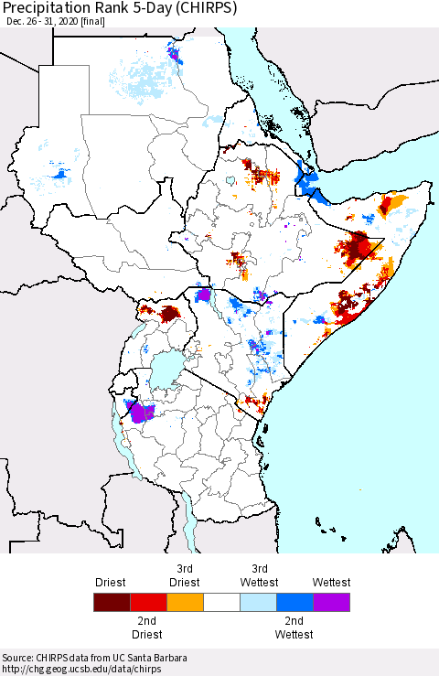 Eastern Africa Precipitation Rank since 1981, 5-Day (CHIRPS) Thematic Map For 12/26/2020 - 12/31/2020