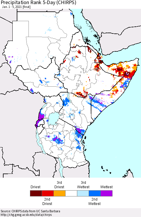 Eastern Africa Precipitation Rank 5-Day (CHIRPS) Thematic Map For 1/1/2021 - 1/5/2021