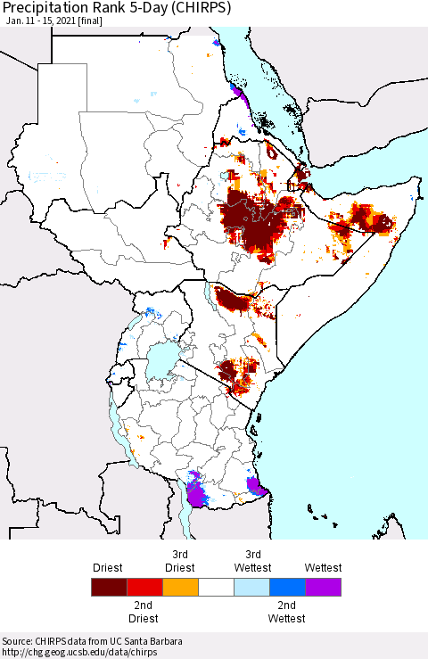 Eastern Africa Precipitation Rank since 1981, 5-Day (CHIRPS) Thematic Map For 1/11/2021 - 1/15/2021