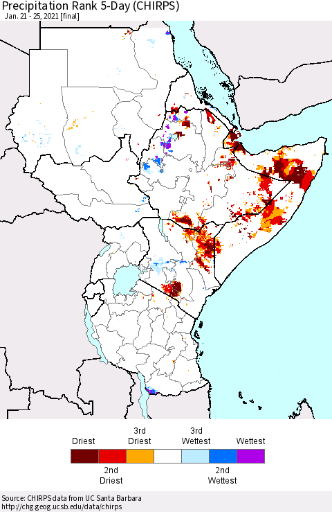 Eastern Africa Precipitation Rank 5-Day (CHIRPS) Thematic Map For 1/21/2021 - 1/25/2021