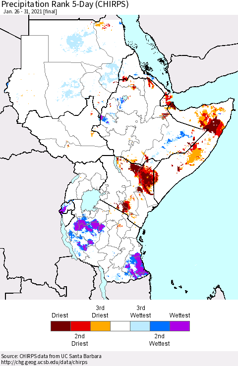 Eastern Africa Precipitation Rank 5-Day (CHIRPS) Thematic Map For 1/26/2021 - 1/31/2021