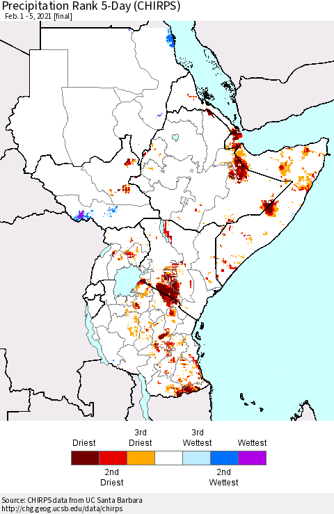 Eastern Africa Precipitation Rank since 1981, 5-Day (CHIRPS) Thematic Map For 2/1/2021 - 2/5/2021